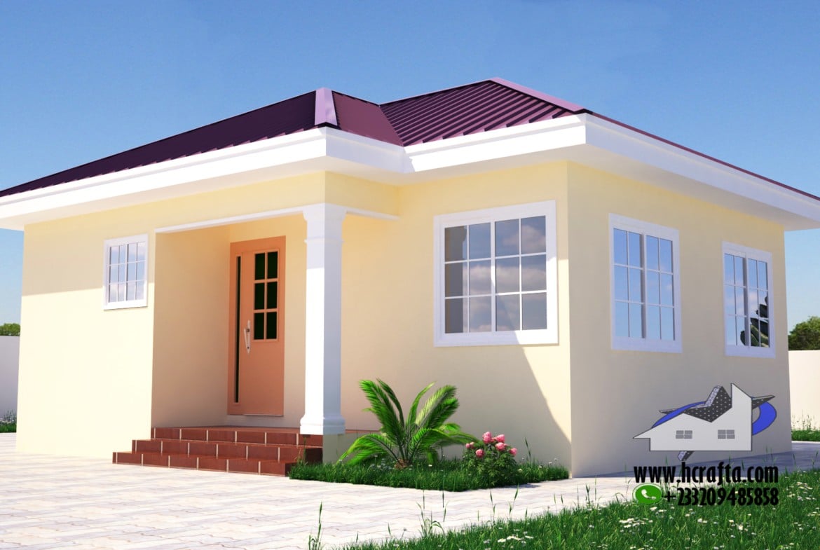 1 Bedroom Bungalow Design with yellow exterior and red roof