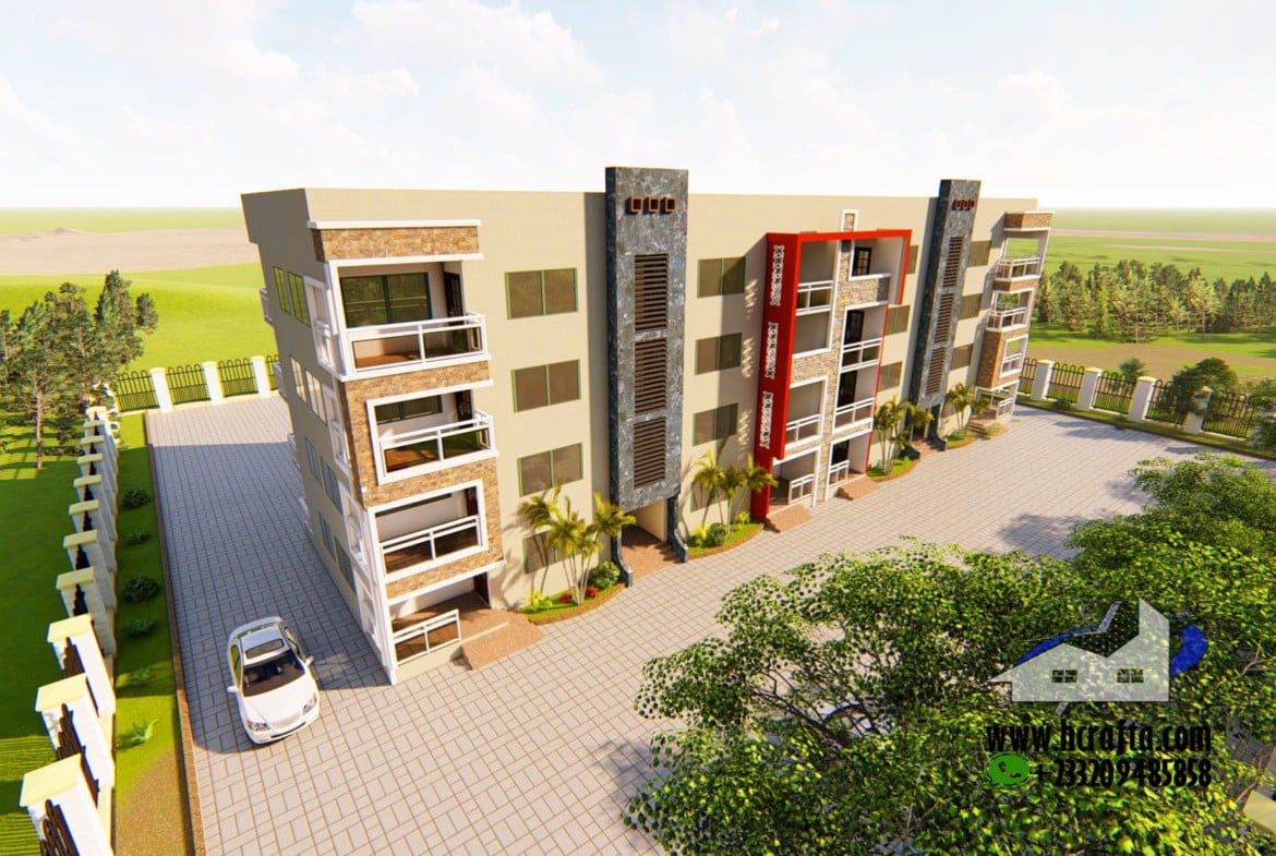 Modern apartment building design with spacious balconies on a landscaped property