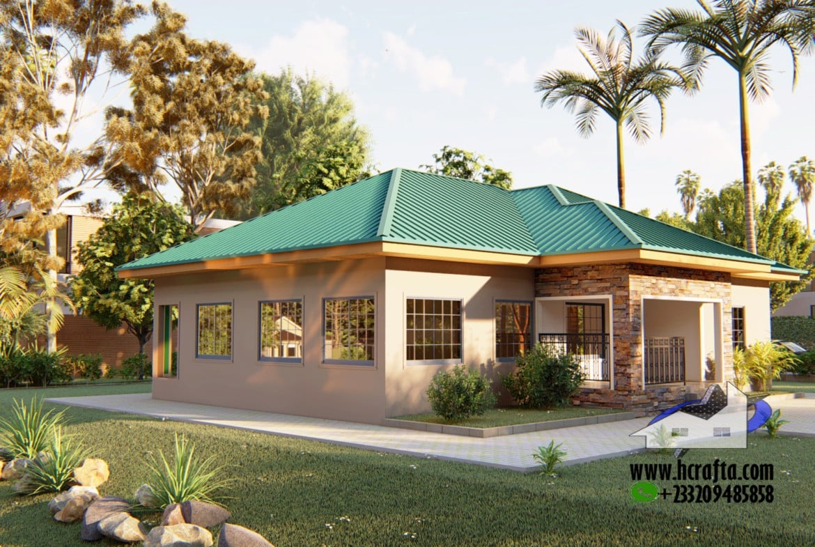 3-bedroom house design in Ghana with green roof and landscaped yard