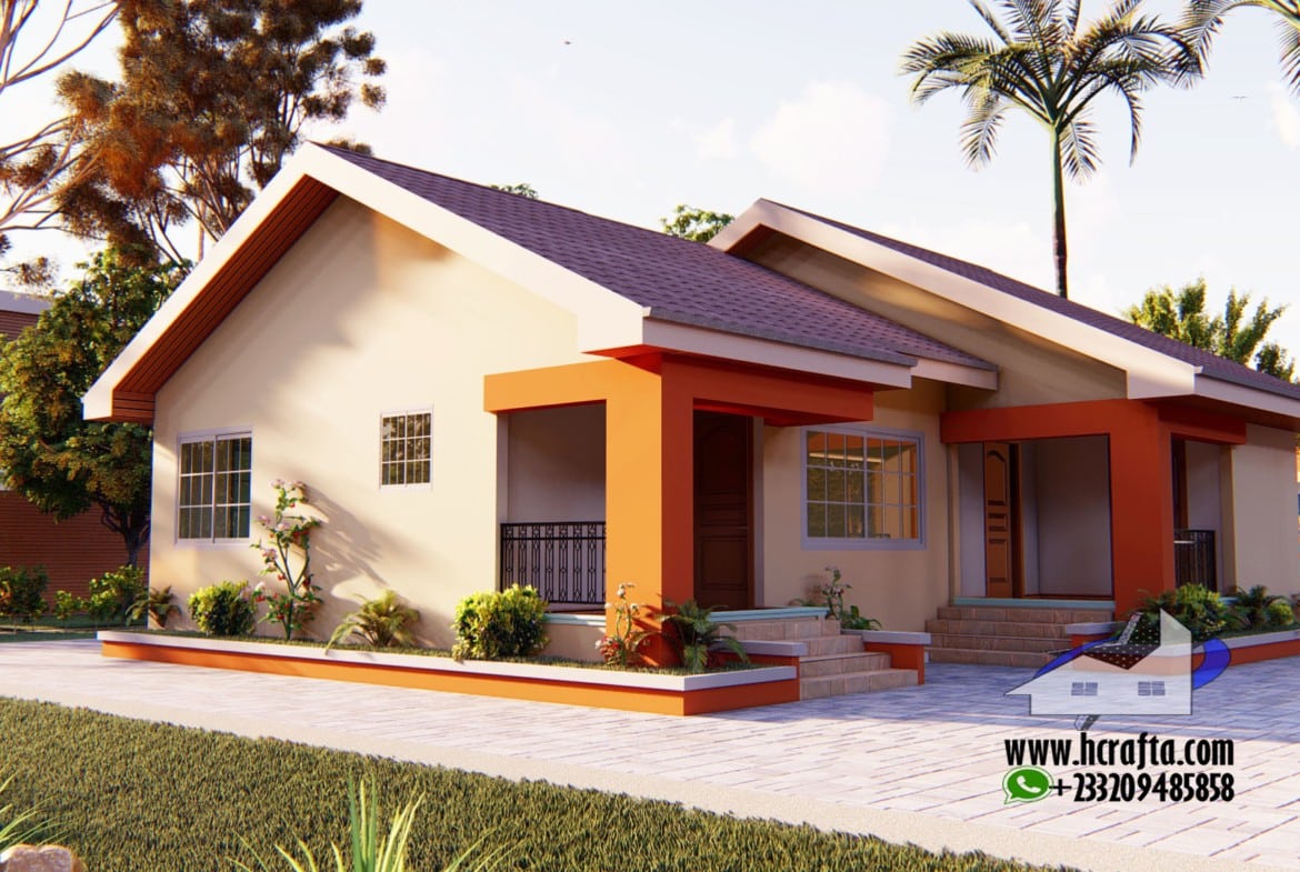 Modern 1 Bedroom Semi-Detached Bungalow Design with garden and porch