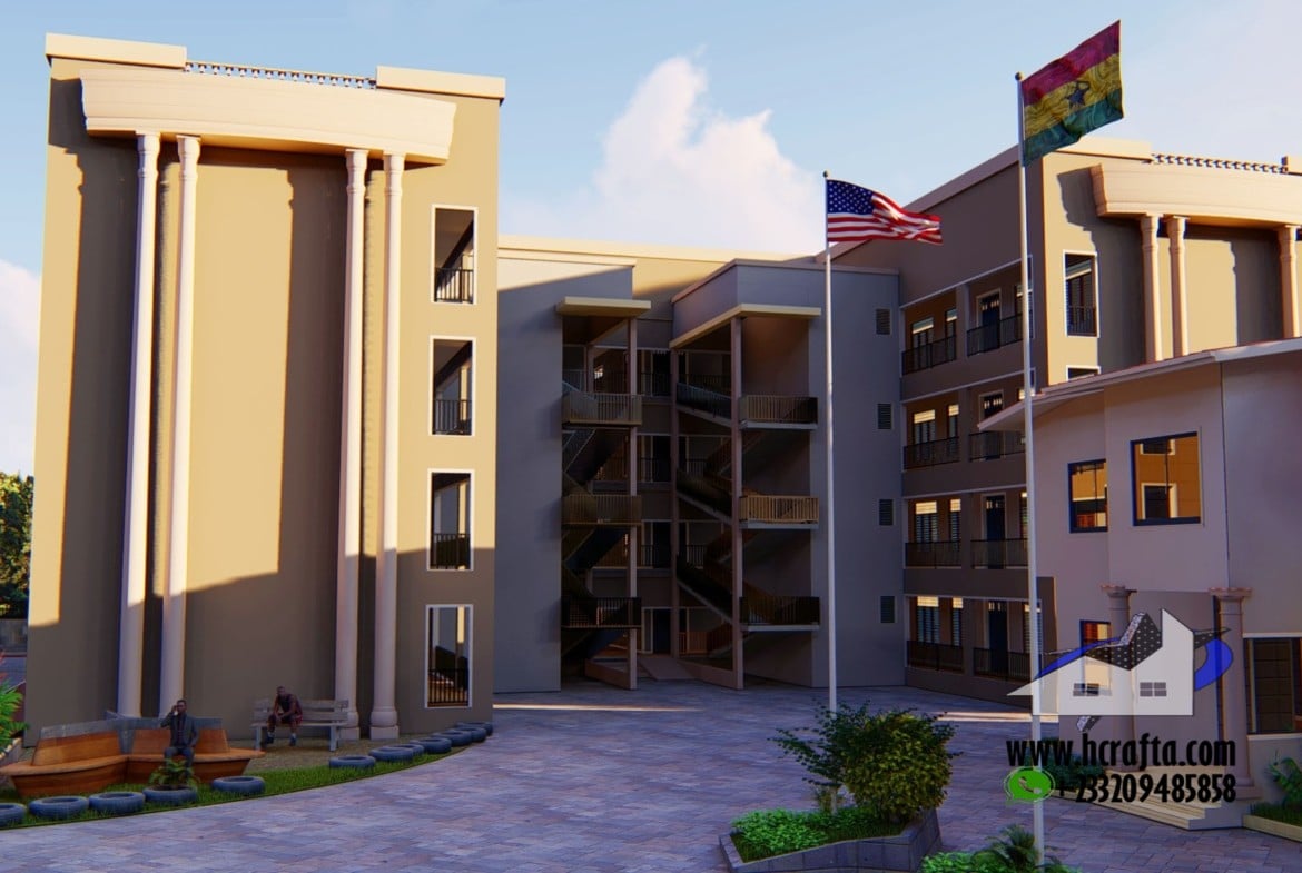 Modern school building design with flags and landscaped entrance