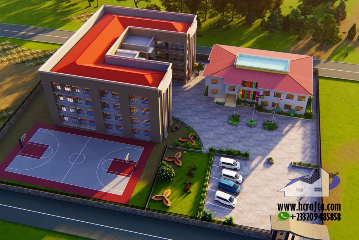 Modern school building design with adjacent sports court and parking area