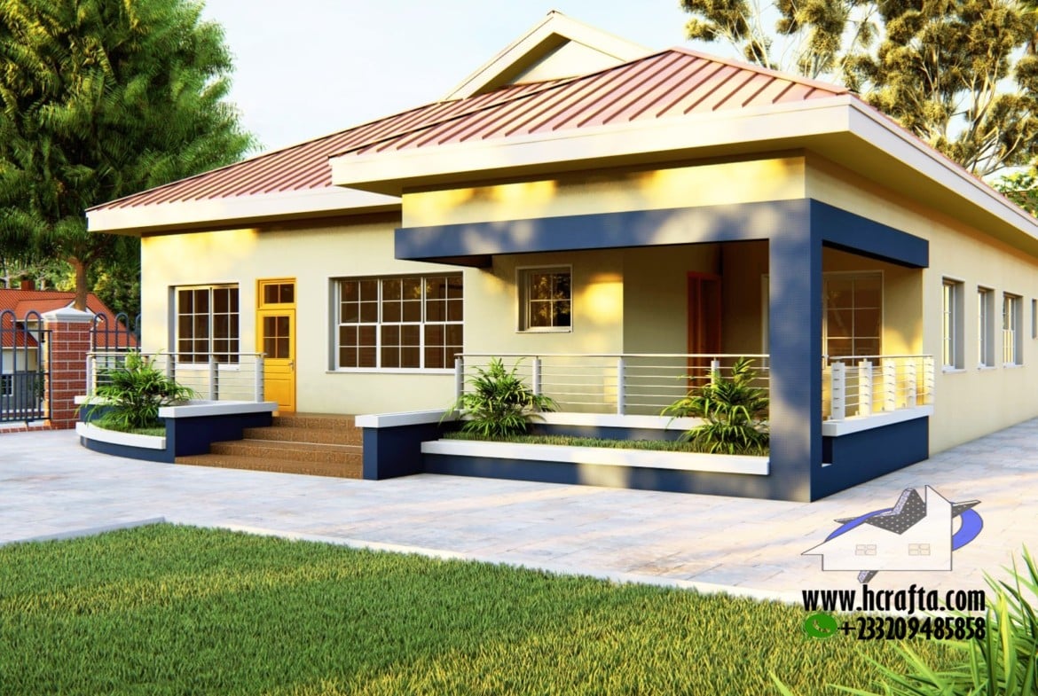 Single-story modern house with 3-bedroom plan, spacious porch, and large windows
