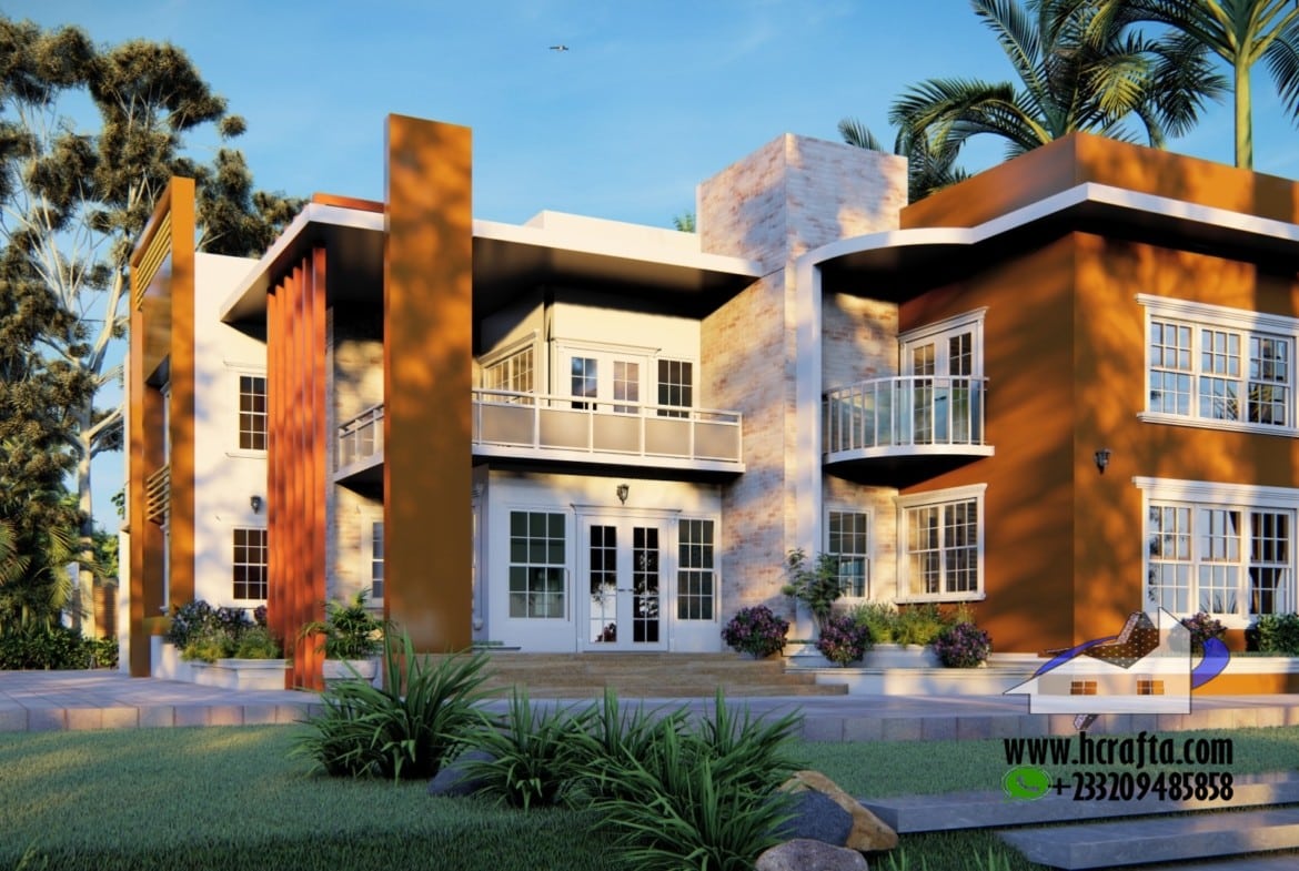 Modern 8 bedroom home design with large windows and spacious terrace