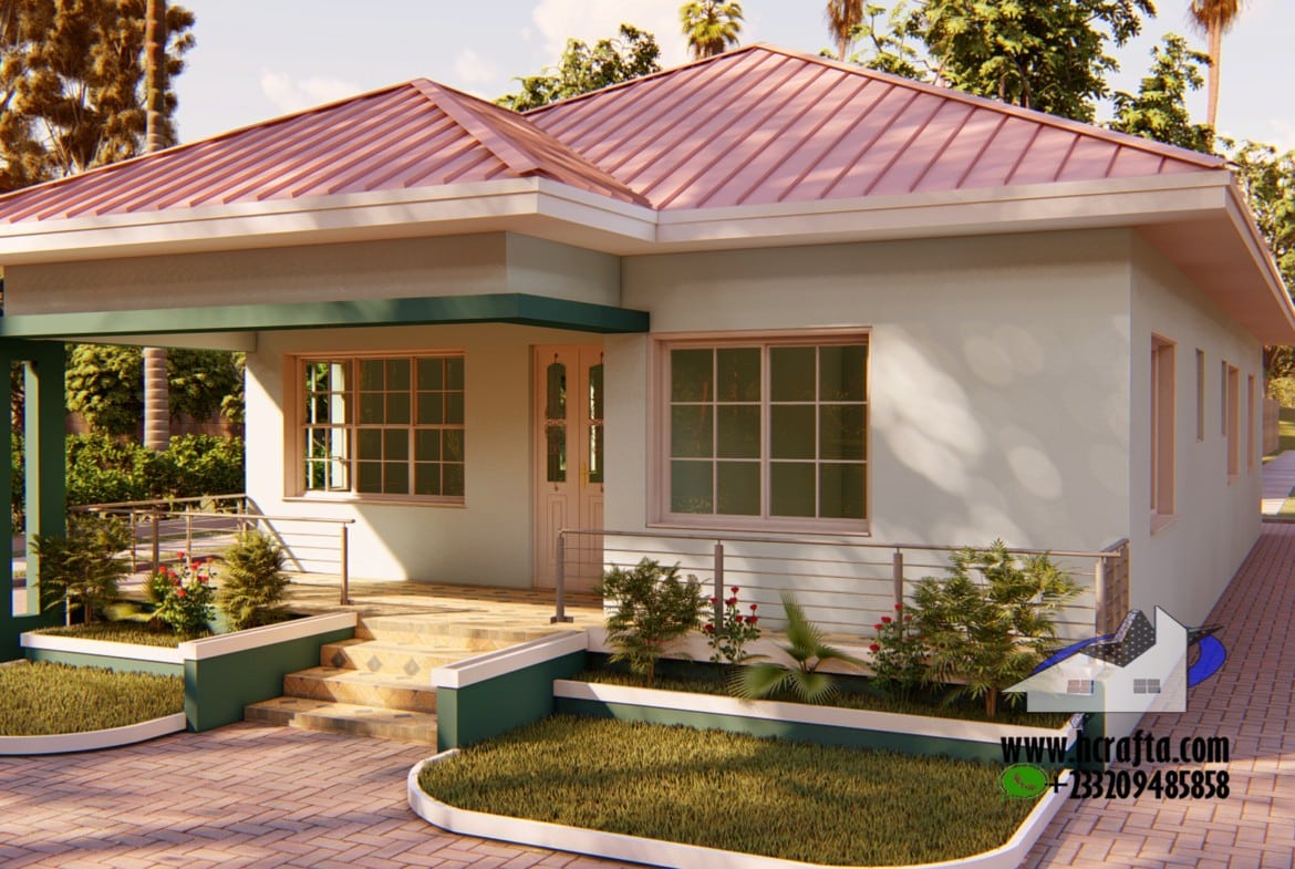 Affordable house design with red roof and spacious front porch
