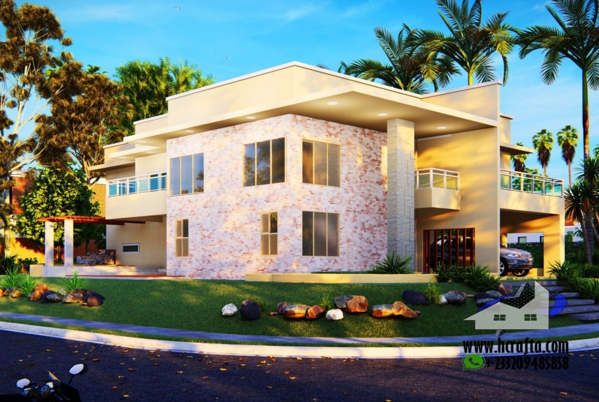 Modern 4-bedroom house design with large windows and contemporary architecture