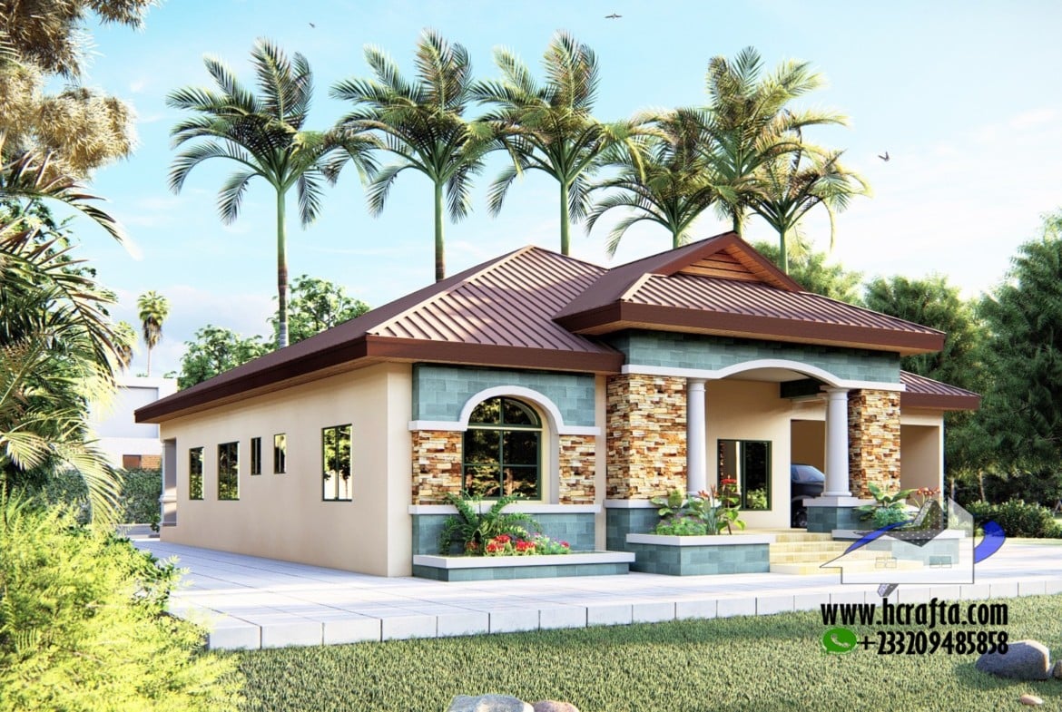3 bedroom bungalow house design with stone facade and palm trees