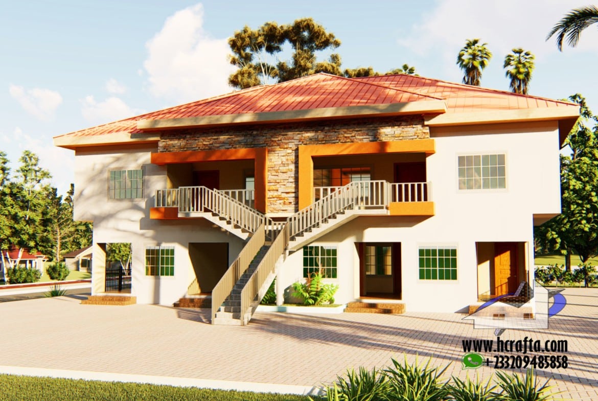 1 and 2 bedroom rental apartment design with rustic exterior and central staircase