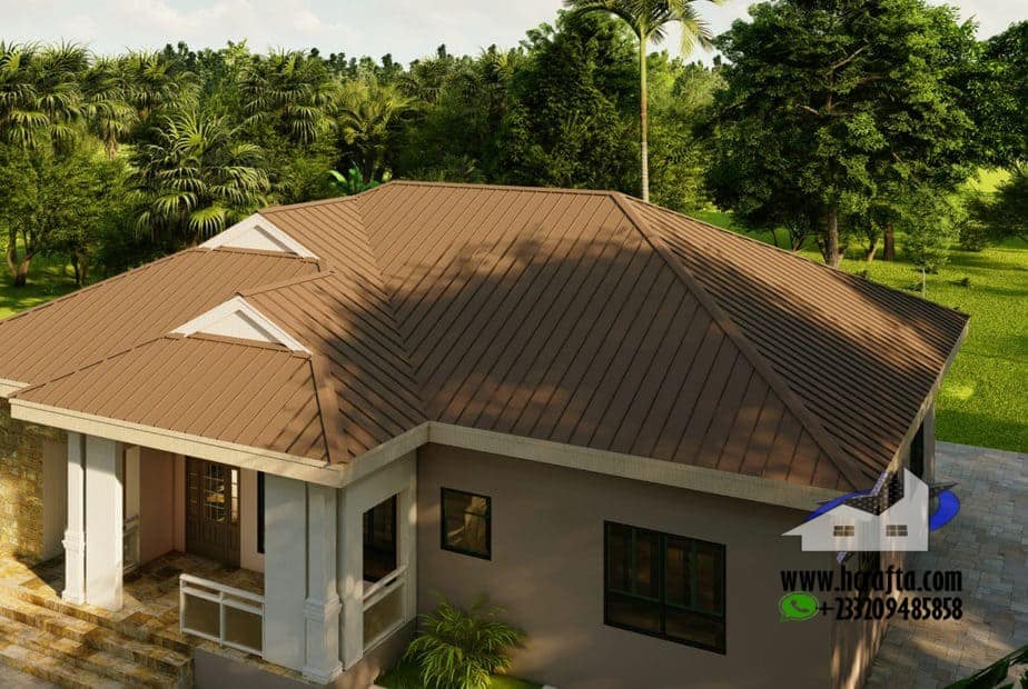 Four bedroom design house with brown roof in a lush green setting
