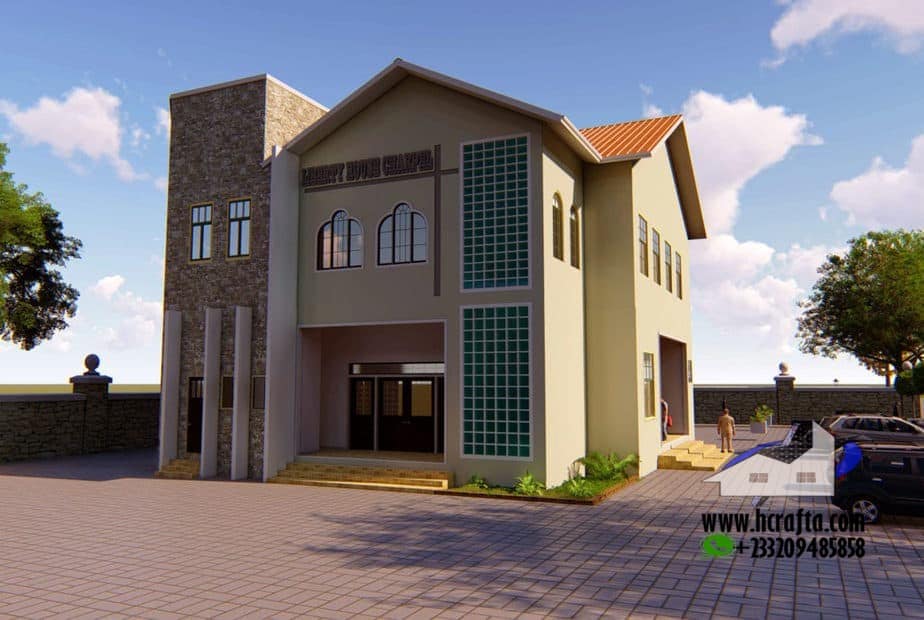 Simple church building design with modern architecture and stone facade
