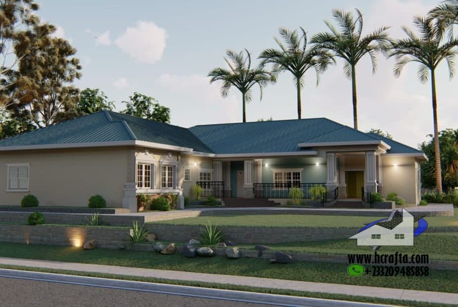 modern 5 bedroom bungalow exterior night lighting