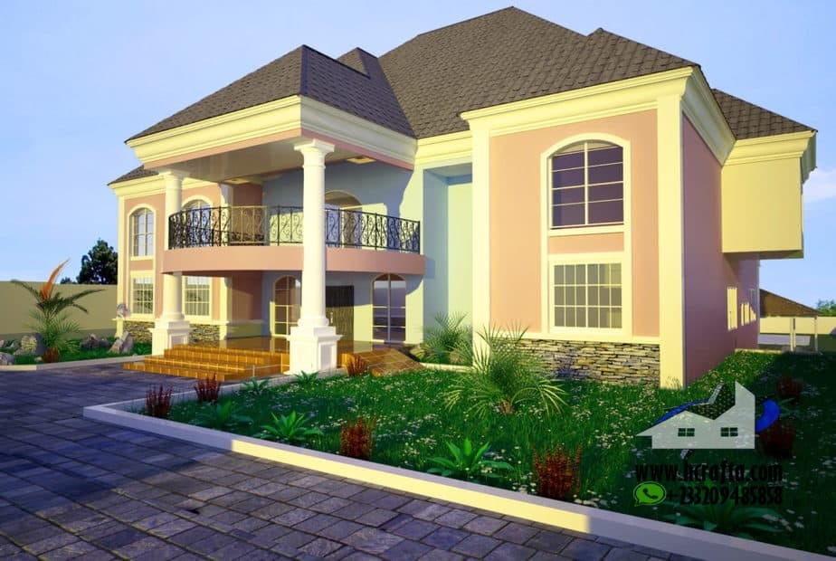 Elegant home with contemporary 7 bedroom design, featuring large windows and landscaped garden