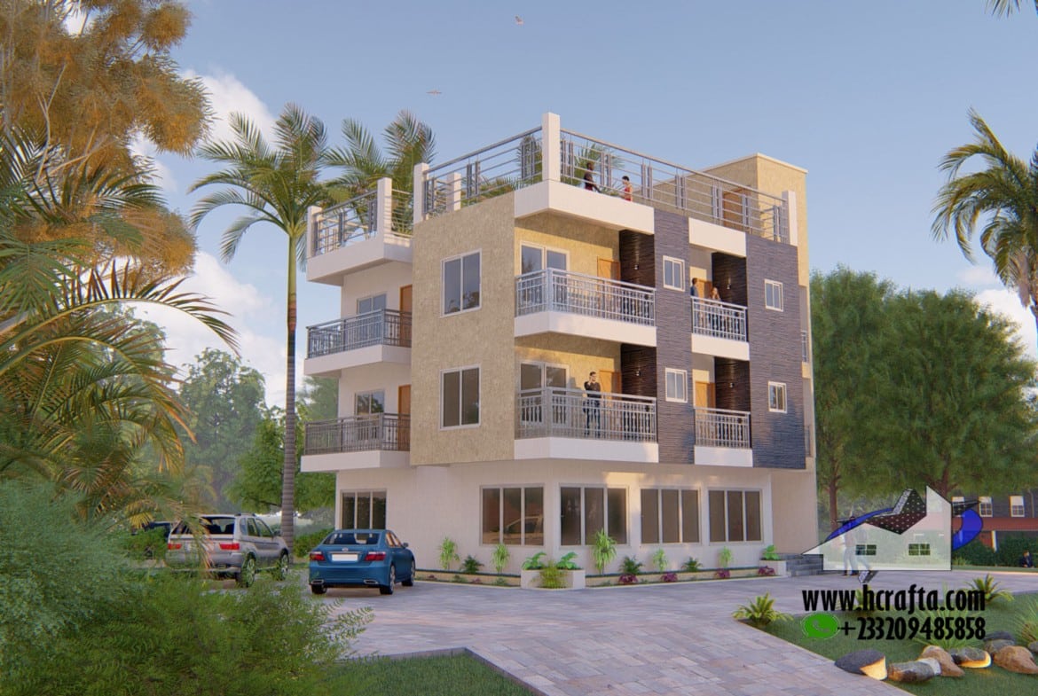 Modern guest house plans with a three-story design featuring a rooftop terrace and landscaped surroundings