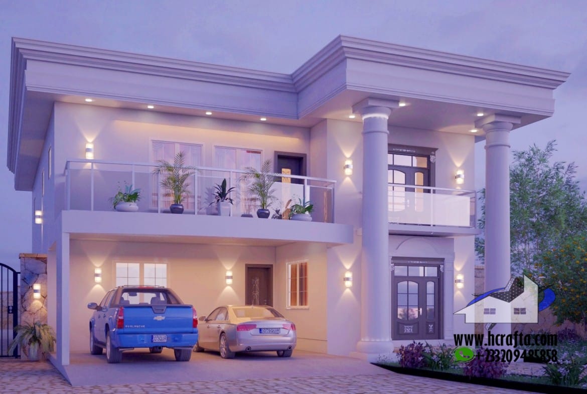 Modern 4-bedroom home with balcony and two cars parked outside