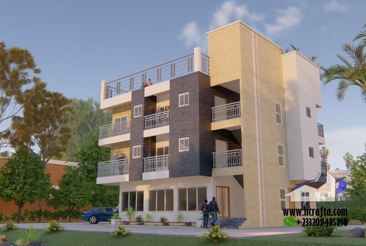 Modern guest house plans featuring a contemporary three-story building design