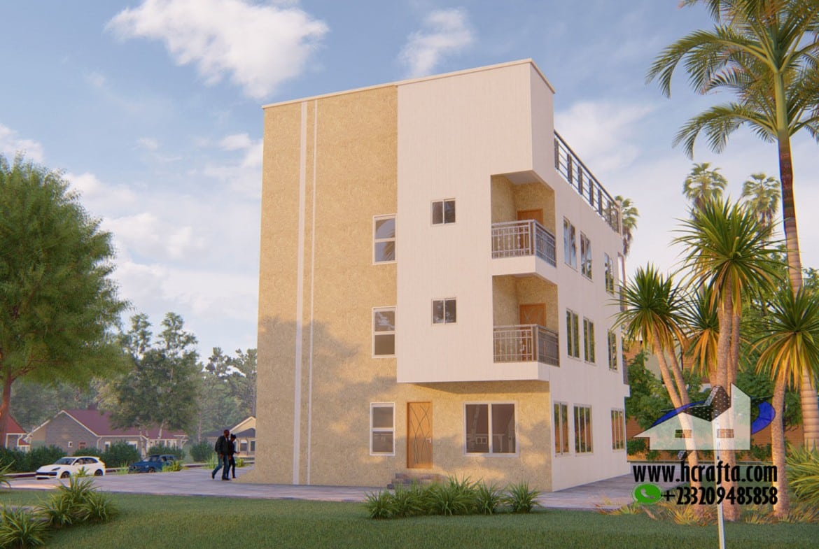 Three-story modern guest house with balconies and palm trees