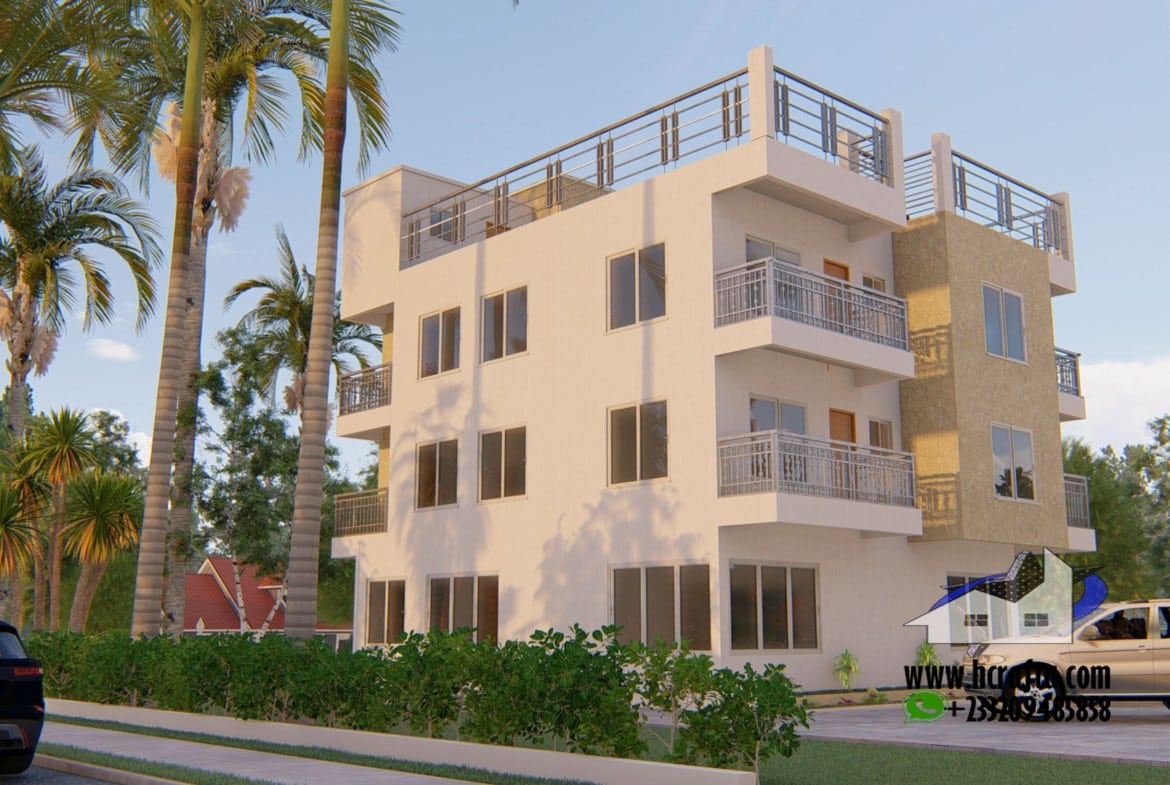 Modern guest house plans featuring a three-story building with balconies