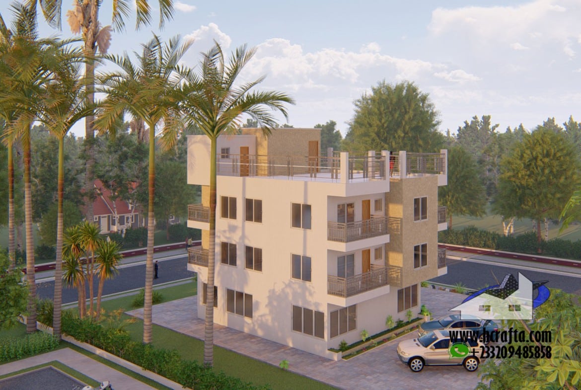 Modern guest house plans with rooftop terrace and palm trees