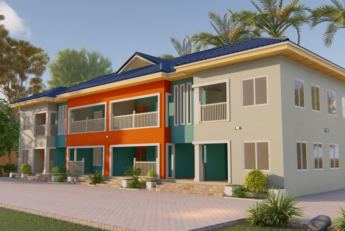 Modern one bedroom duplex flat in tropical setting with vibrant facade