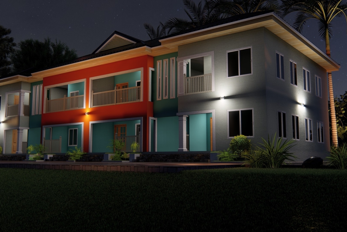 Modern duplex building with one-bedroom flats illuminated at night