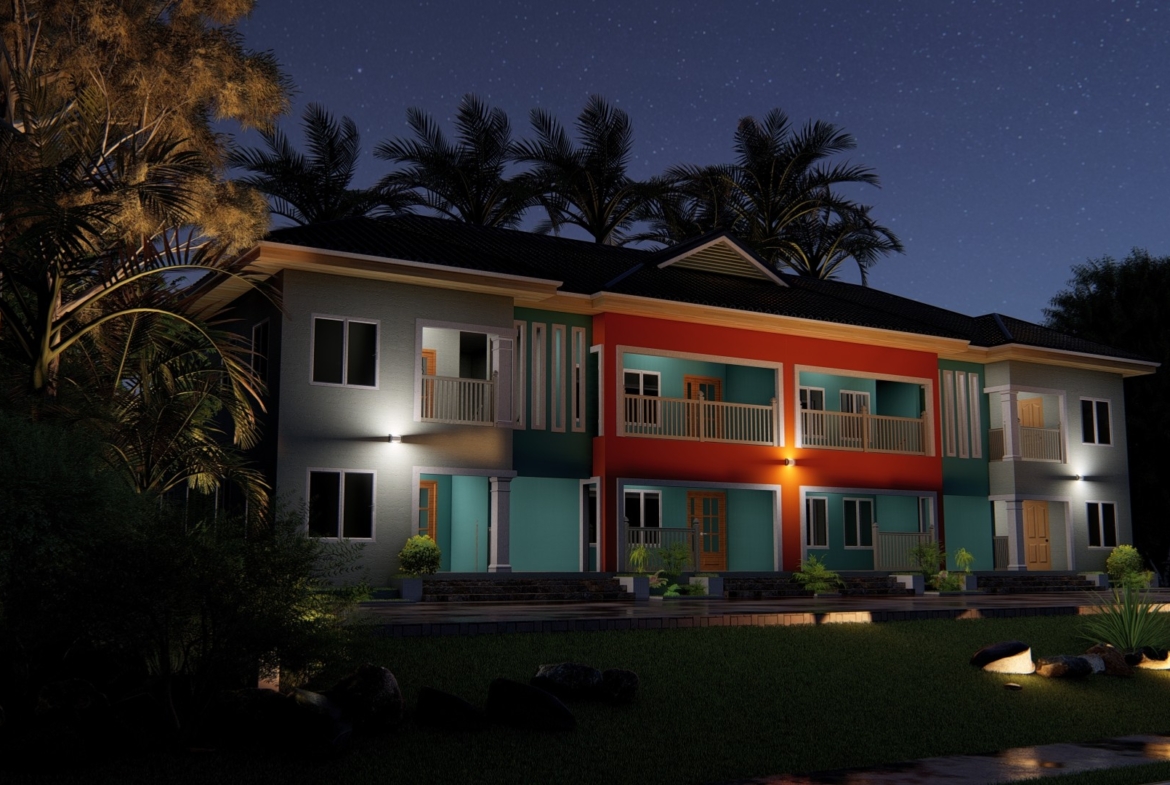 Night view of a one bedroom duplex flat with colorful facade