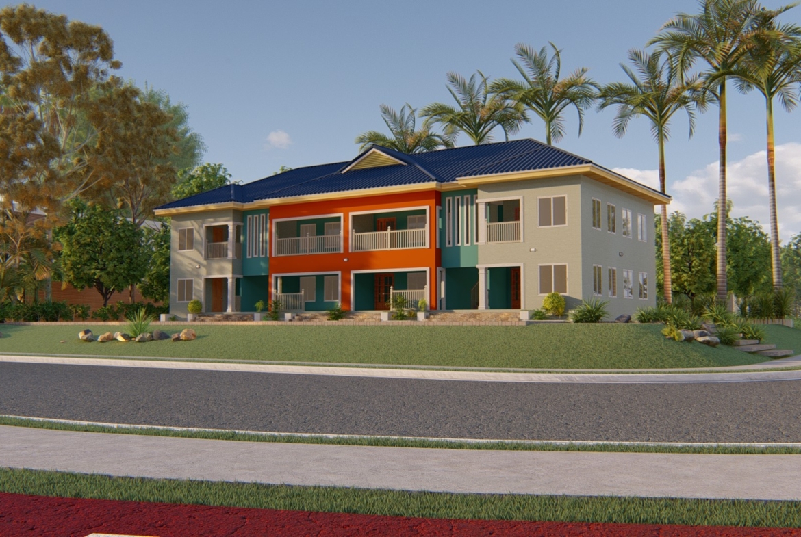 Modern one bedroom duplex flat with palm trees and vibrant exterior