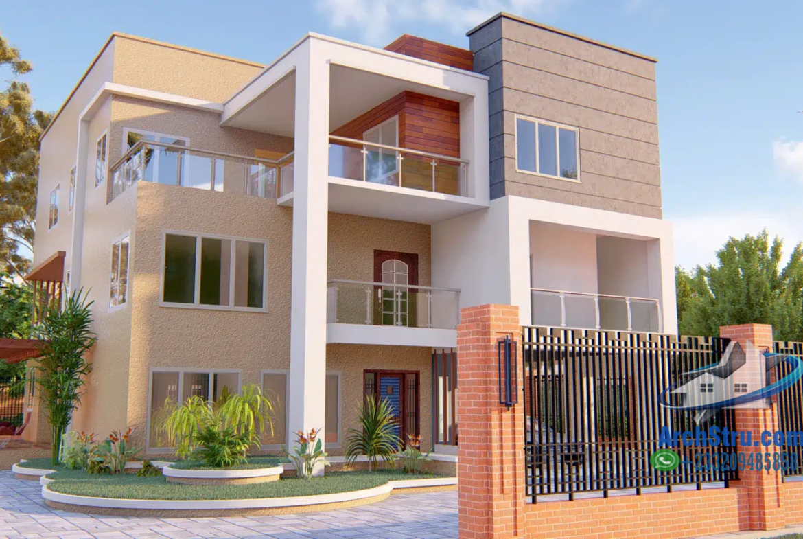 Modern three-story residential building with a landscaped front yard