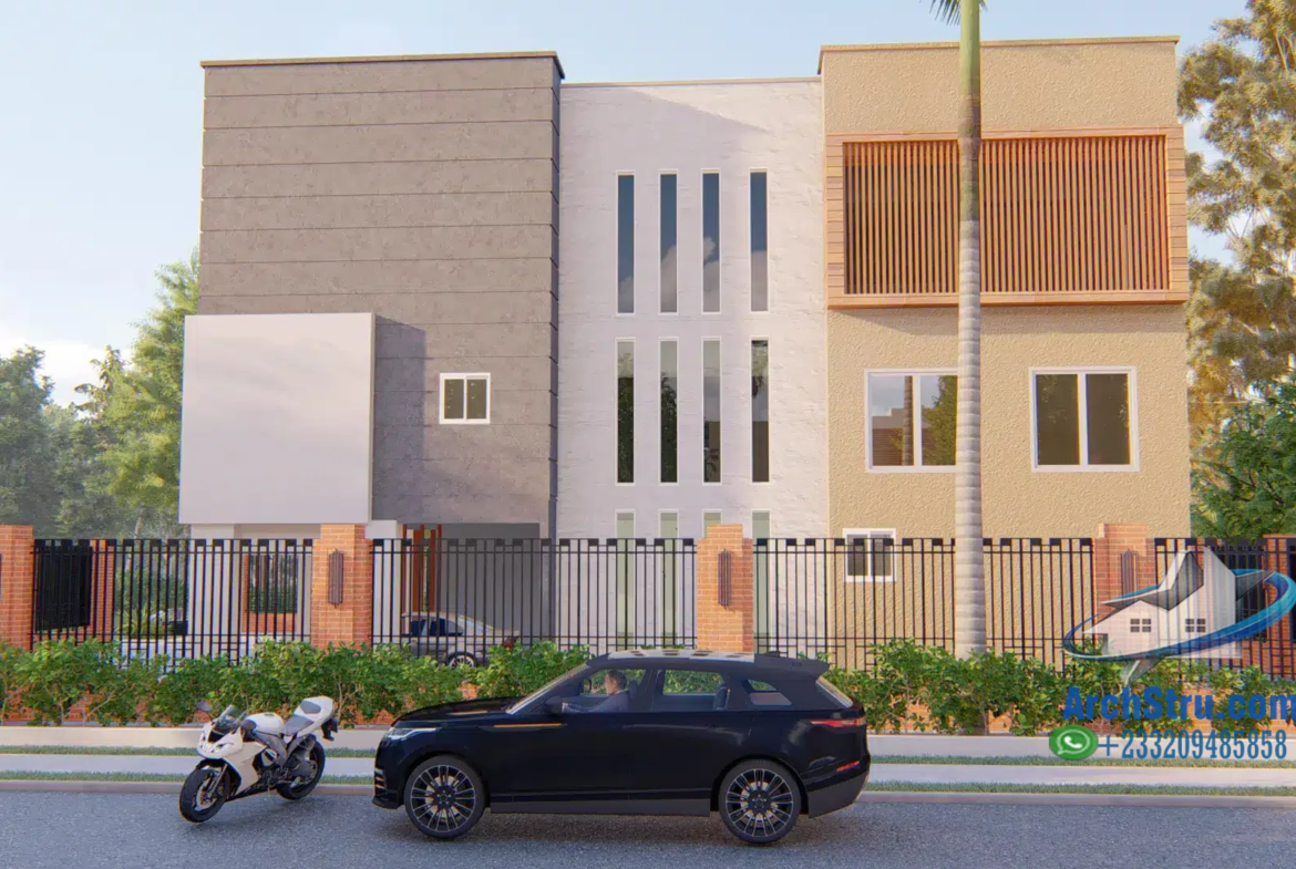 Modern residential building with urban design and luxury vehicles