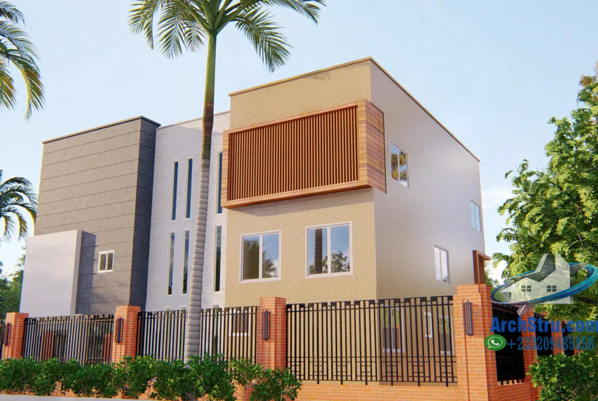 Modern two-story house with palm trees and stylish fence