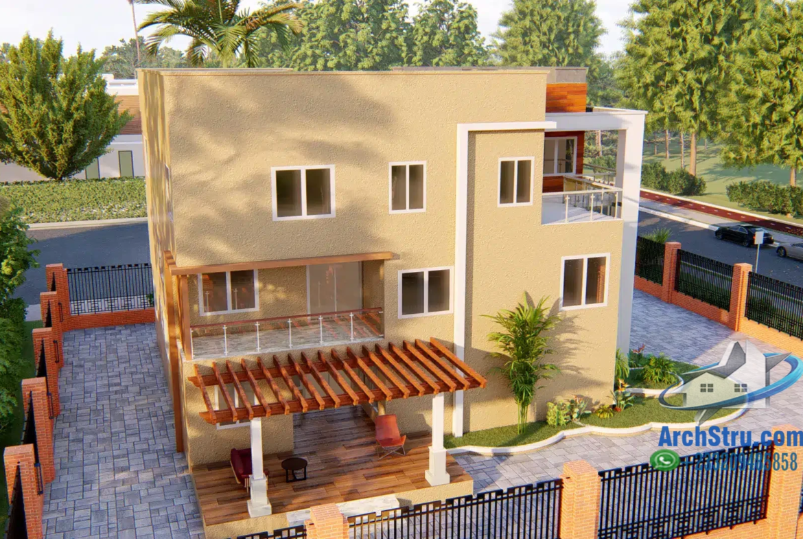 Modern two-story house with pergola and garden