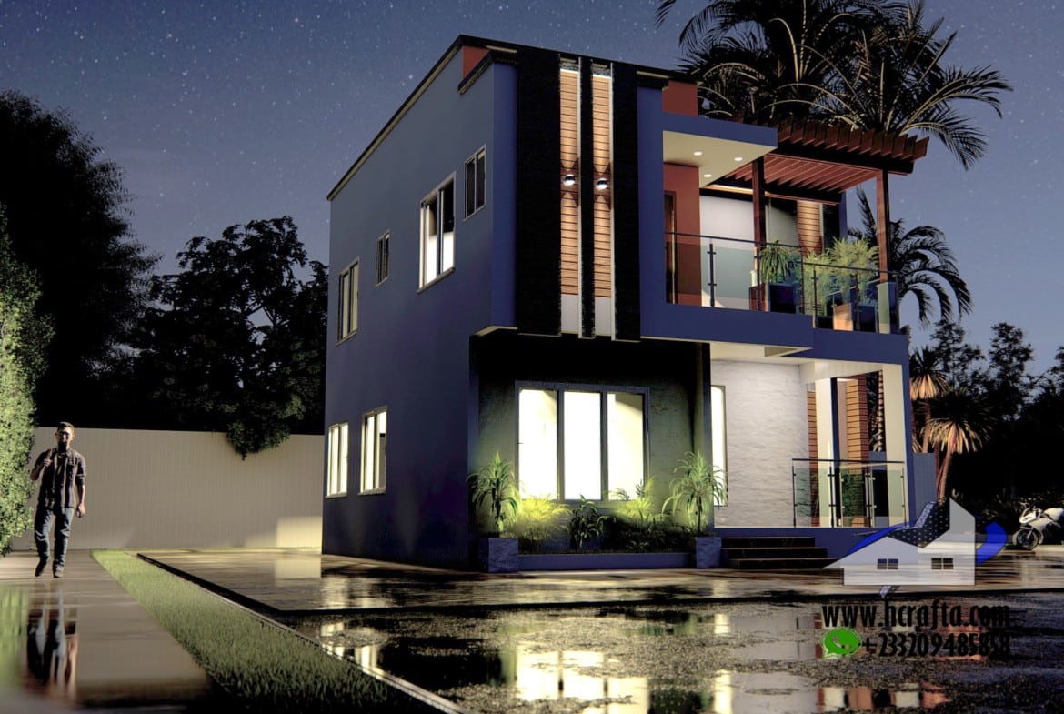 Modern minimalist 3-bedroom home design under night sky