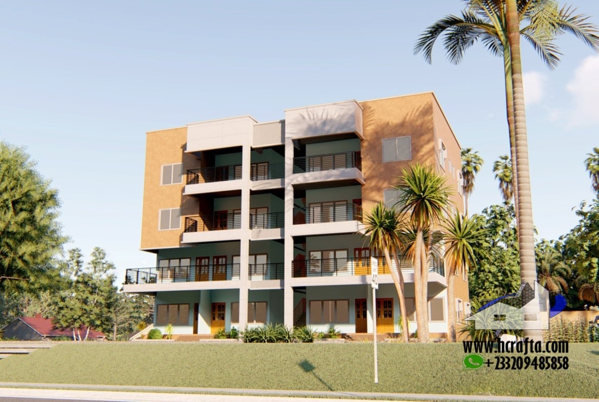 Modern hall and chamber flat design with four-story apartment building