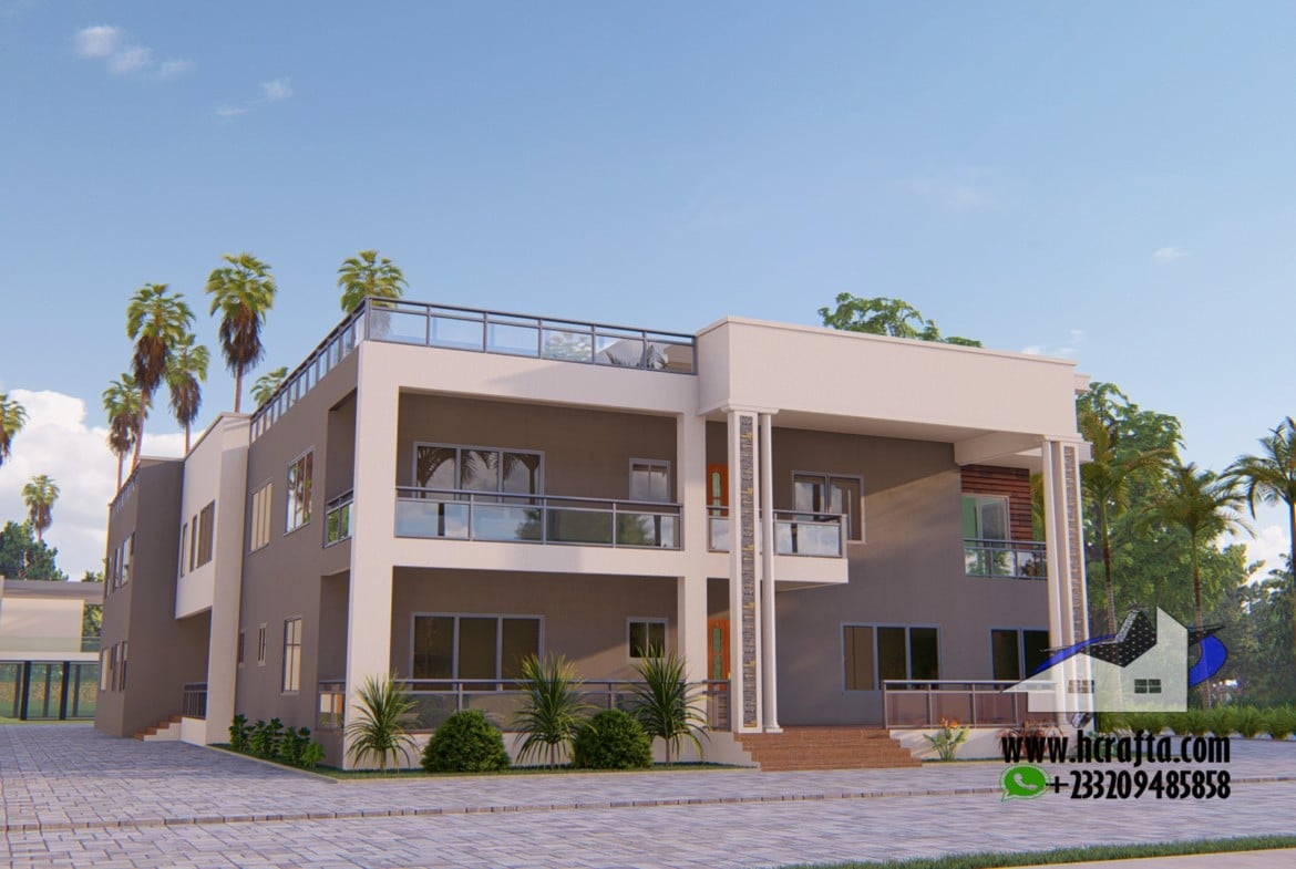 Modern 2-4 bedroom apartment building with balcony and palm trees