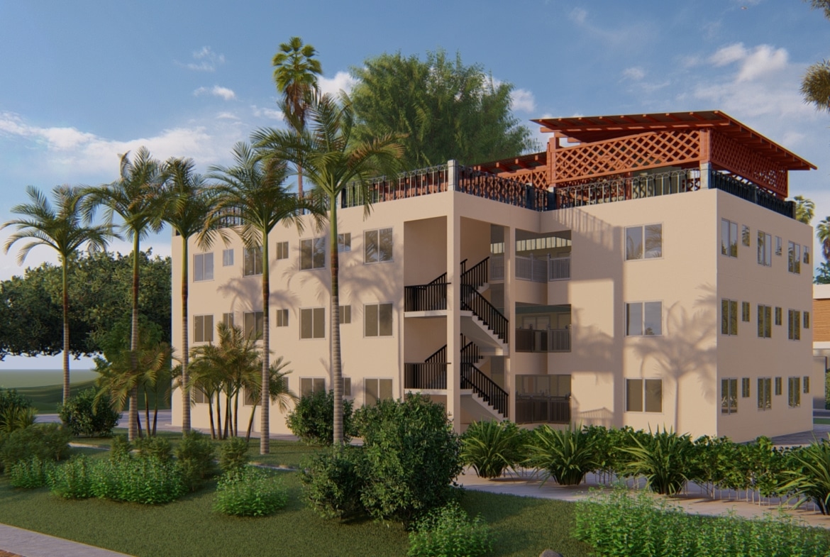 Modern apartment design with palm trees and spacious single room residences