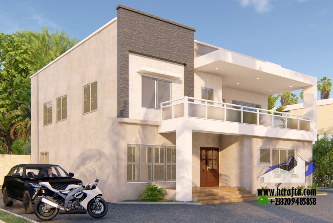 Modern 5-bedroom box house design with a two-story structure and outdoor parking