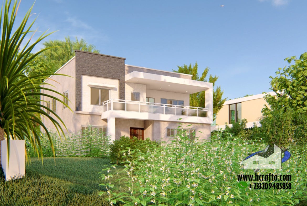 Modern 5-bedroom box house design with lush greenery