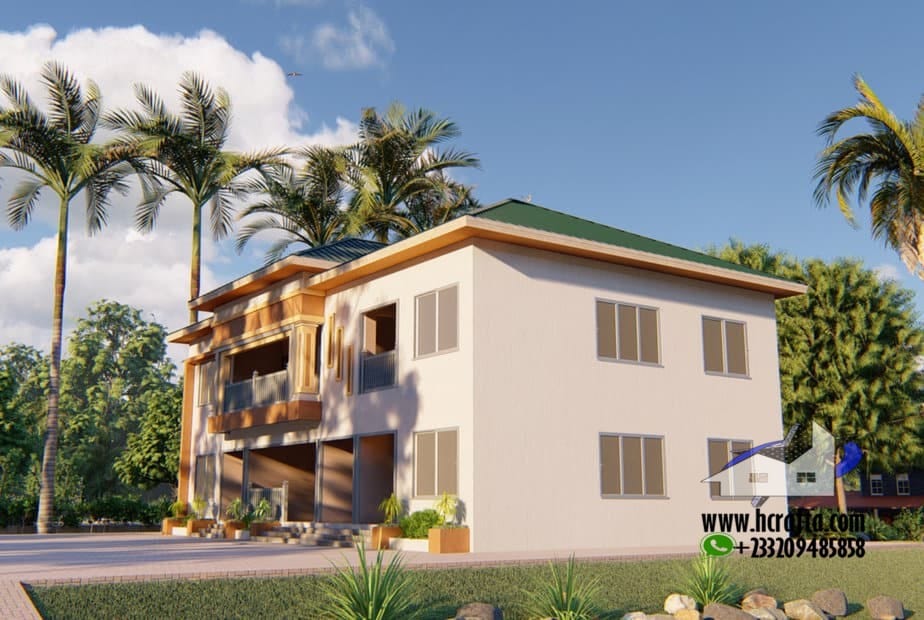 Duplex house plan in Ghana with tropical surroundings and two floors