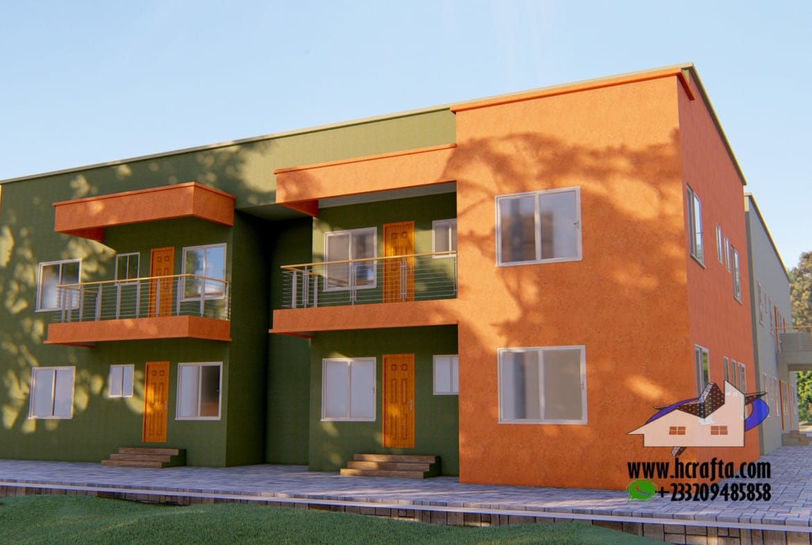 Two-story building of 1-2 bedroom residence flats with green and orange exterior