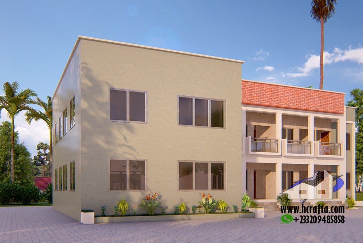 Modern student hostel flat with balconies and palm trees in the background