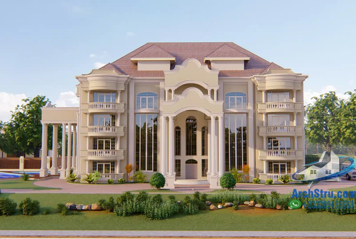 Elegant luxury mansion with balconies and a landscaped front yard