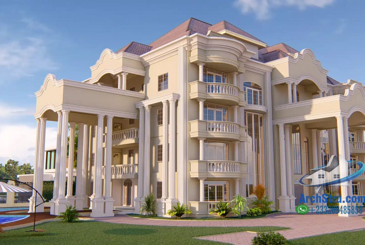 Luxurious neoclassical mansion with grand columns and intricate balconies