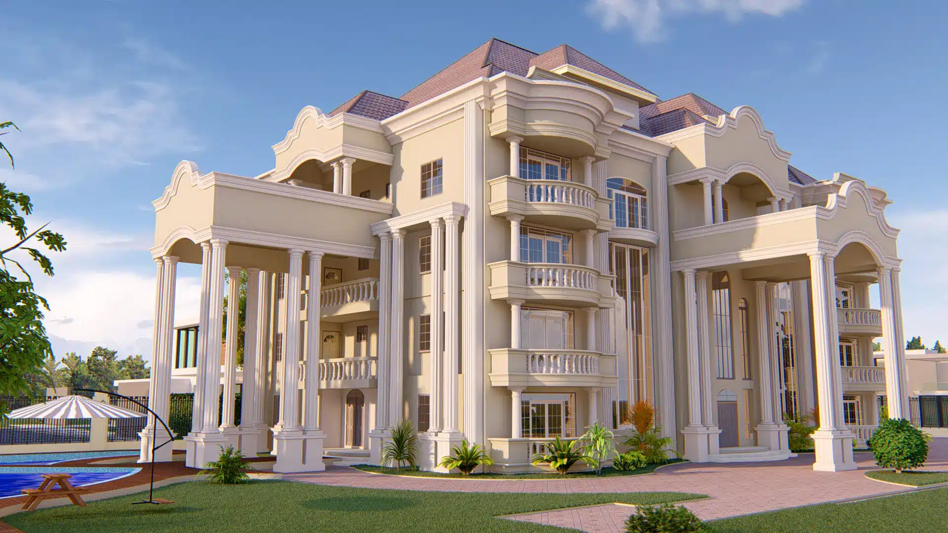 luxury mansion house design with swimming pool