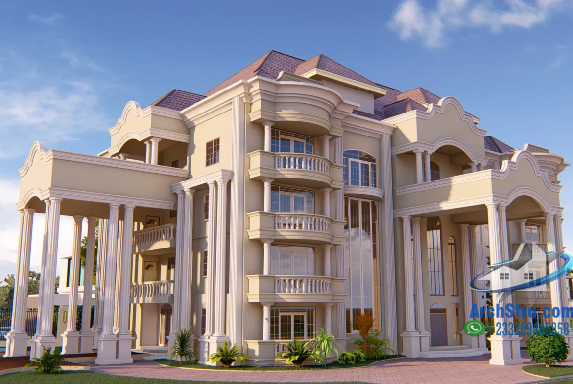 Luxurious modern mansion with classical architecture under blue sky