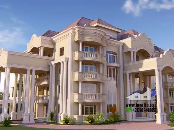 Elegant mansion house design with multiple balconies and grand columns