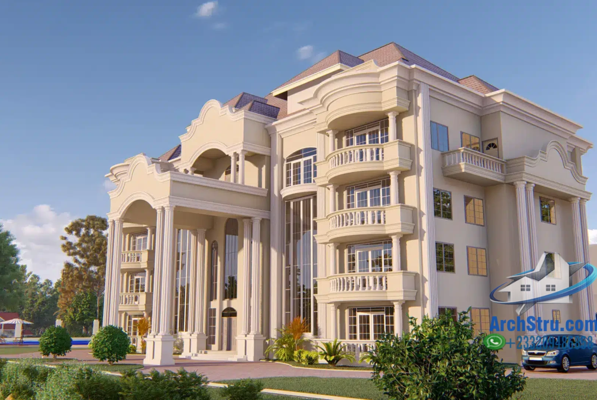 Luxurious white mansion with grand pillars and multiple balconies