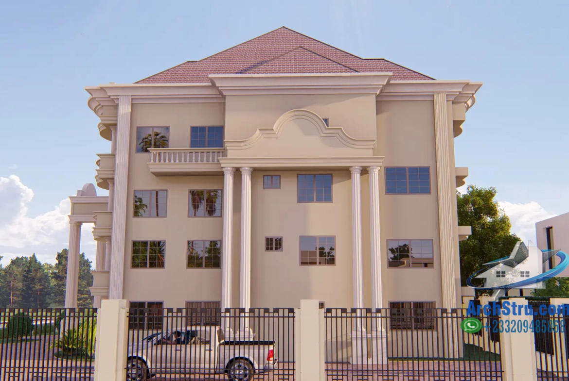 Luxurious beige mansion with classic columns and elegant design