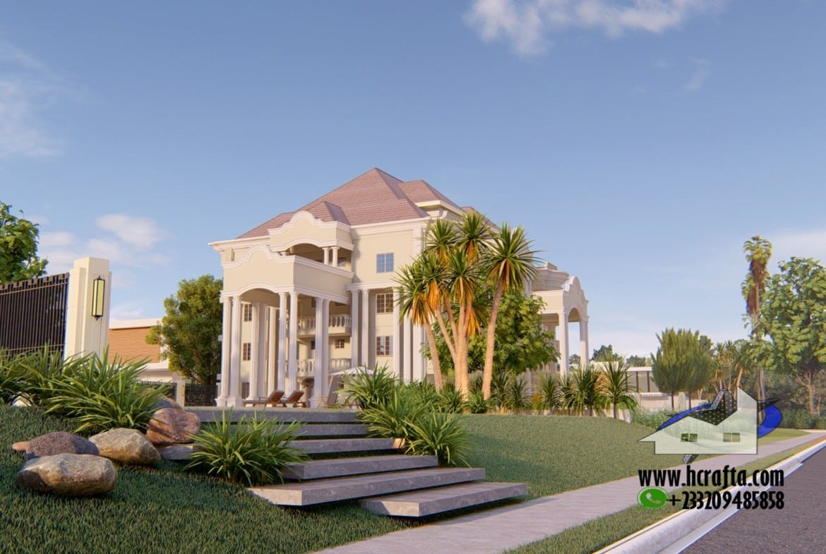 large mansion house design with landscaped garden