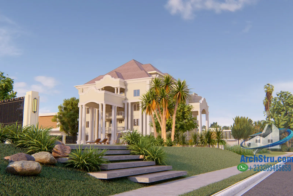 Luxury mansion with landscaped garden and modern architecture