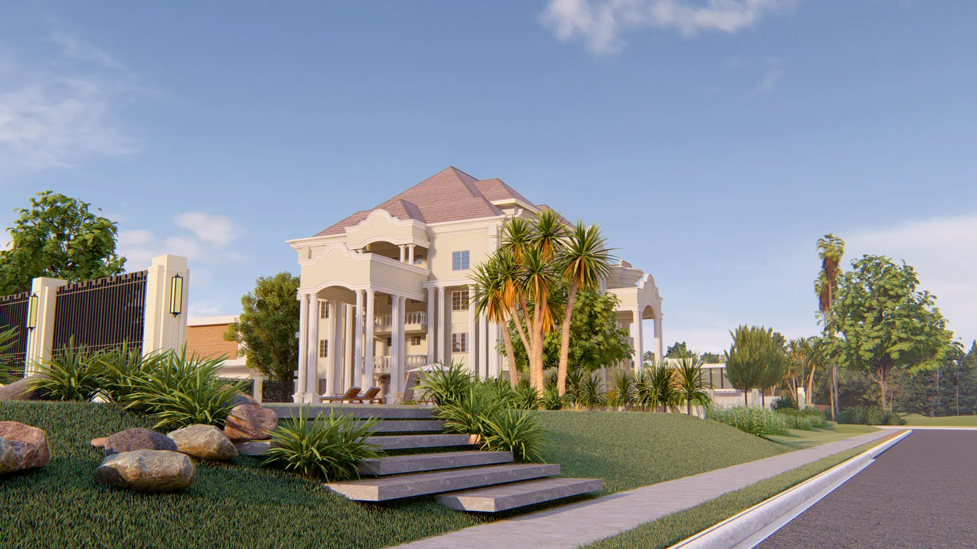 large mansion house design with landscaped garden