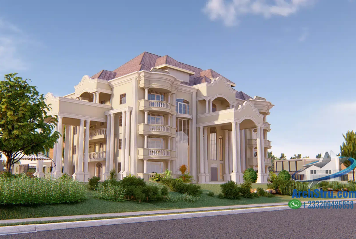 Luxurious mansion with columns and balconies in residential area